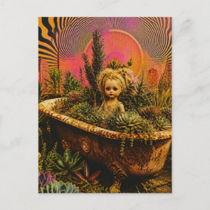 Postal Muñeca en una bañera de plantas divertido arte de 