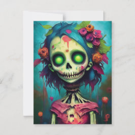Postal Muñeca floral zombie con ojos verdes