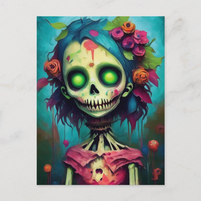 Postal Muñeca floral zombie con ojos verdes (Anverso)