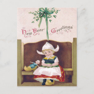 Postal Muñeca Holandesa Mistletoe Zueco Banco Iglesia