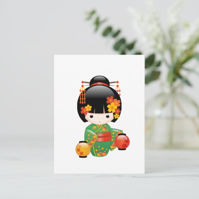Postal Muñeca Kokeshi Caída - Chica Geisha Japonés (Anverso de pie)