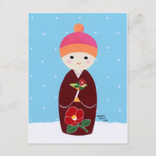 Postal Muñeca Kokeshi con camellia
