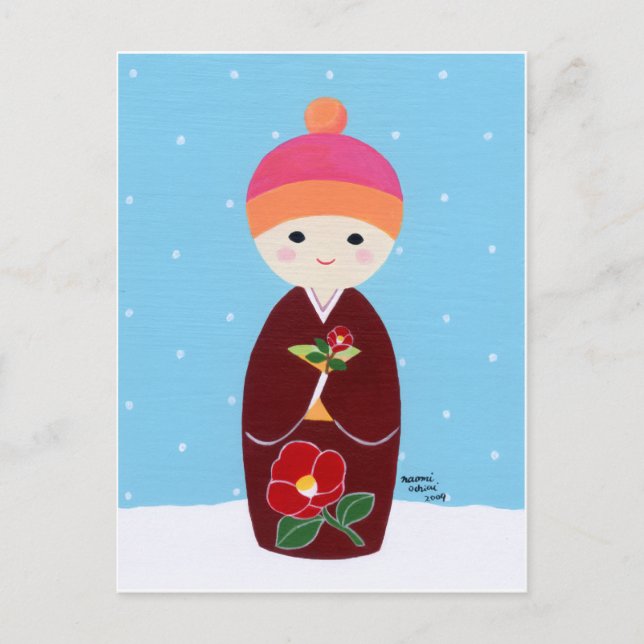 Postal Muñeca Kokeshi con camellia (Anverso)