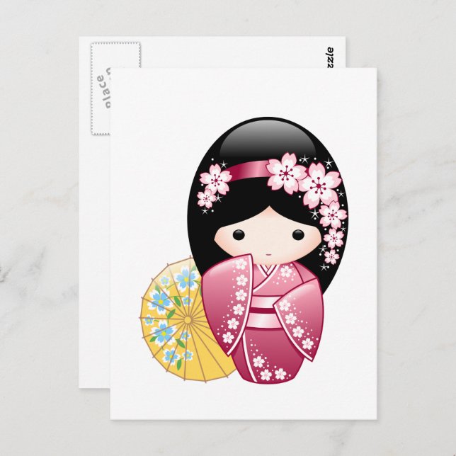 Postal Muñeca Kokeshi de primavera - Chica Geisha japonés (Anverso / Reverso)