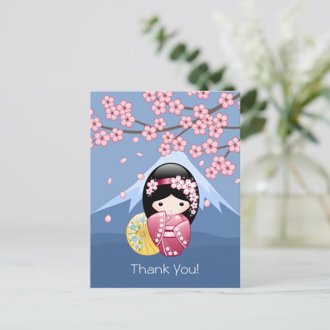 Postal Muñeca Kokeshi de primavera - Geisha japonesa suav (Anverso de pie)