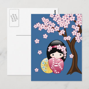 Postal Muñeca Kokeshi de primavera - Geisha japonesa te e