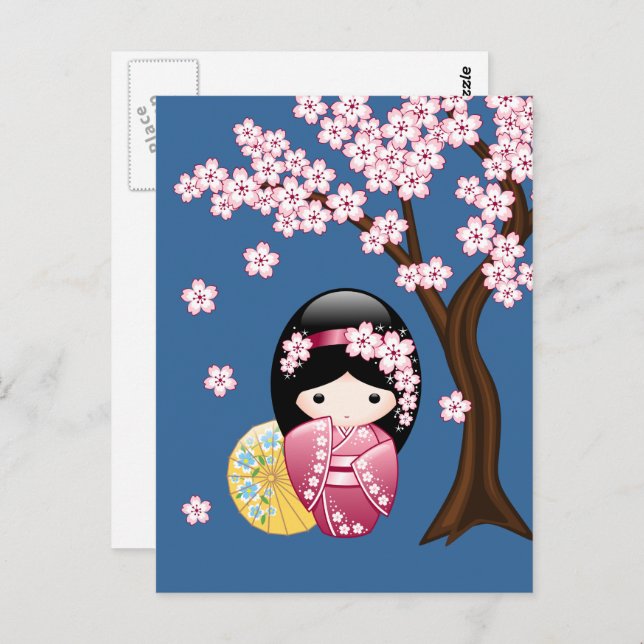 Postal Muñeca Kokeshi de primavera - Geisha japonesa te e (Anverso / Reverso)