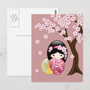 Postal Muñeca Kokeshi de primavera - Geisha lindo te echa