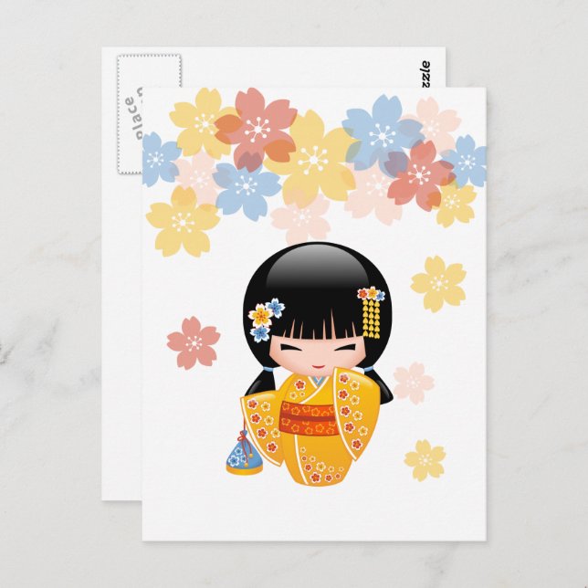 Postal Muñeca kokeshi de verano - Los mejores deseos de k (Anverso / Reverso)