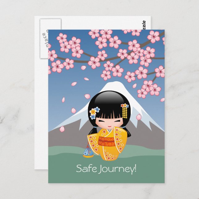 Postal Muñeca kokeshi de verano - viaje seguro de kimono  (Anverso / Reverso)