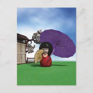 Postal Muñeca Kokeshi Japonesa Arte Flor de Cerezo