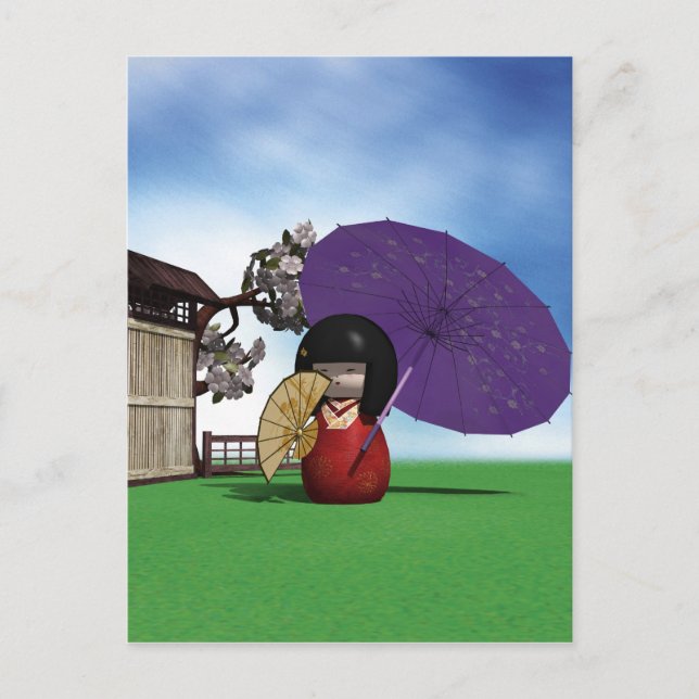 Postal Muñeca Kokeshi Japonesa Arte Flor de Cerezo (Anverso)