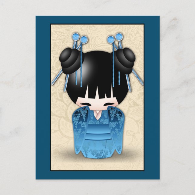 Postal Muñeca Kokeshi Japonesa Cuidada Vestida En Azul (Anverso)