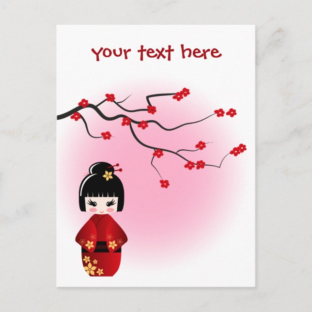Postal muñeca kokeshi japonesa en flores de sakura (Anverso)