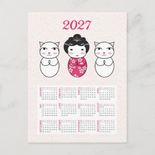 Postal Muñeca Kokeshi Japonesa Kawaii Calendario 2027