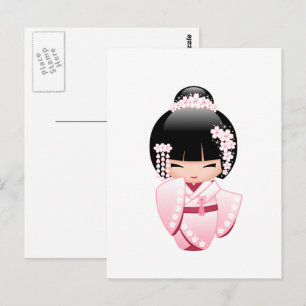 Postal Muñeca Kokeshi Kimono Rosa Kawaii
