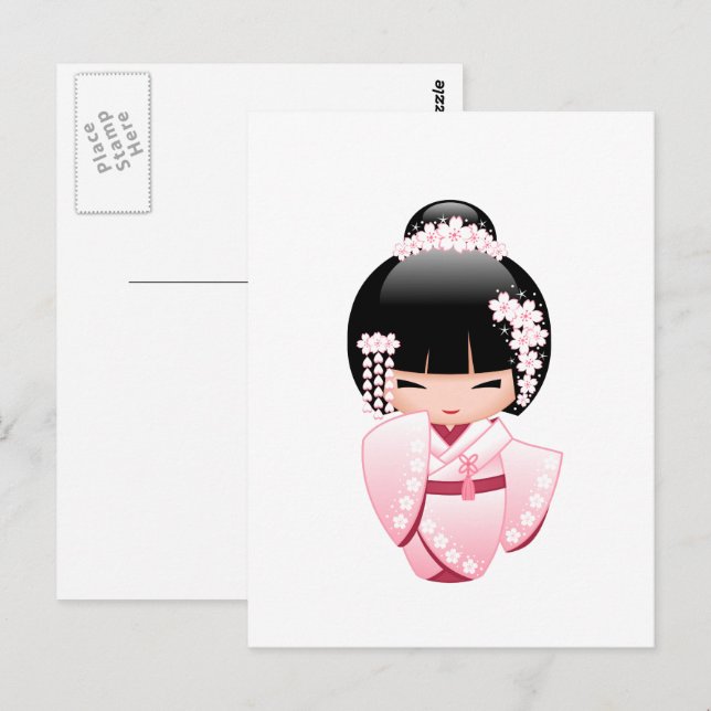 Postal Muñeca Kokeshi Kimono Rosa Kawaii (Anverso / Reverso)