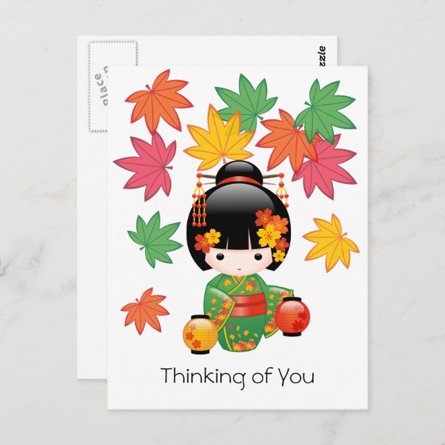 Postal Muñeca Kokeshi otoño - Chica de Geisha pensando en (Anverso / Reverso)