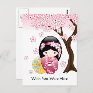 Postal Muñeca Kokeshi primavera - Deseos de geisha japone
