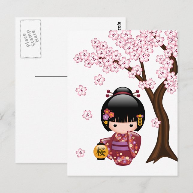 Postal Muñeca Kokeshi Sakura - Que te Mejores Geisha Ador (Anverso / Reverso)