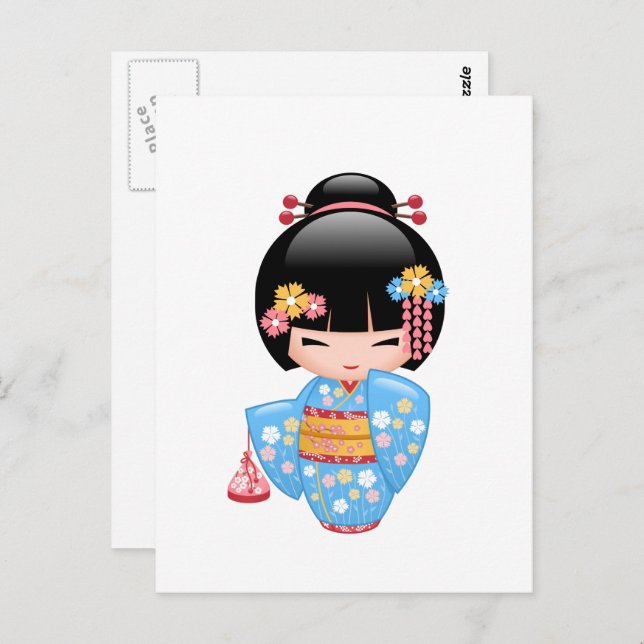 Postal Muñeca Maiko Kokeshi - Chica Cute Geisha (Anverso / Reverso)