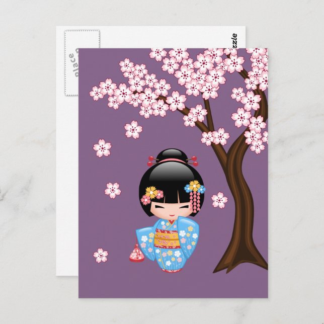 Postal Muñeca Maiko Kokeshi - Geisha Eres bienvenido (Anverso / Reverso)