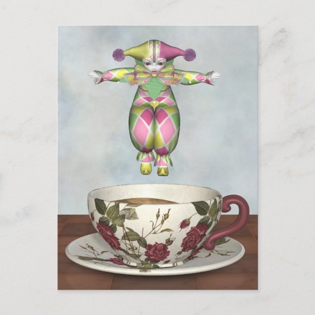 Postal Muñeca Pierrot Clown saltando a una Tea Cup (Anverso)