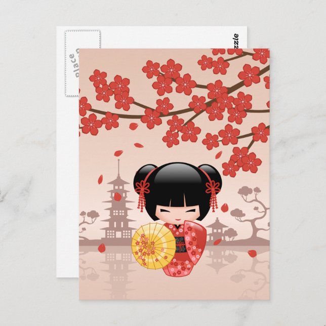 Postal Muñeca roja Sakura Kokeshi - Geisha japonesa (Anverso / Reverso)