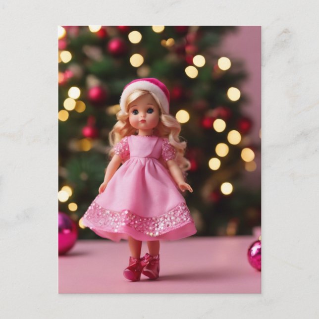 Postal Muñeca rubia banal en Navidades rosados (Anverso)