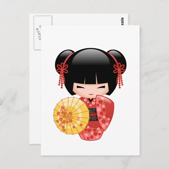 Postal Muñeca Sakura Kokeshi Roja - Geisha Cute (Anverso / Reverso)