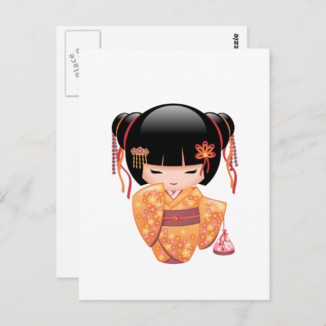 Postal Muñeca Ume Kokeshi - Chica Geisha de la enseñanza  (Anverso / Reverso)