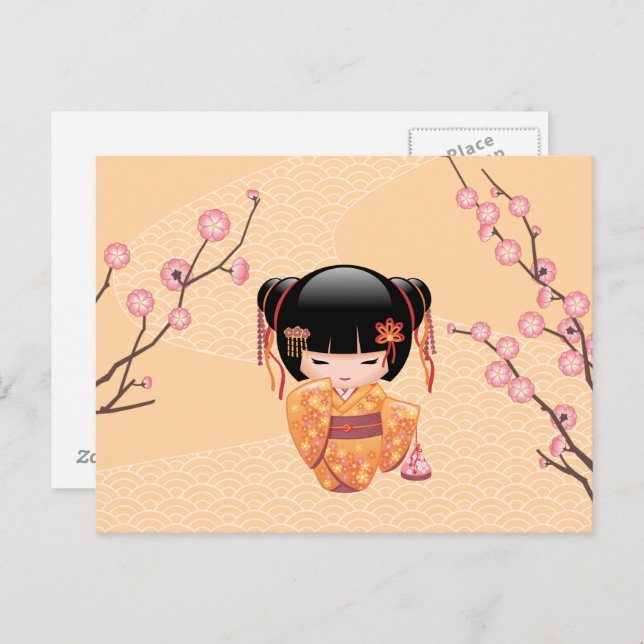 Postal Muñeca Ume Kokeshi - Chica Geisha de la enseñanza  (Anverso / Reverso)