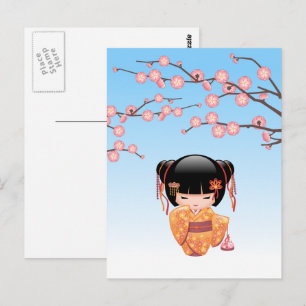 Postal Muñeca Ume Kokeshi - Chica Geisha Japonesa Azul