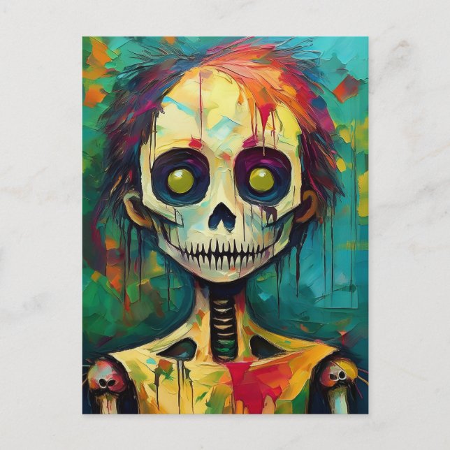 Postal Muñeca Zombie con ojos amarillos (Anverso)