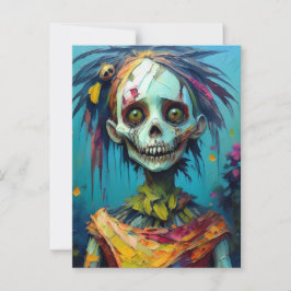 Postal Muñeca Zombie con ojos amarillos y vestidos con sa