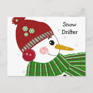 Postal Muñeco de nieve con sombrero rojo y bufanda verde