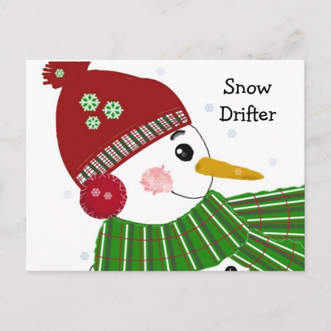 Postal Muñeco de nieve con sombrero rojo y bufanda verde (Anverso)