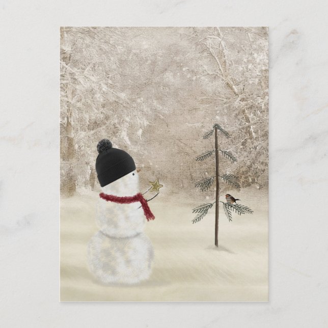 Postal Muñeco de nieve de Navidad con estrella de oro  (Anverso)