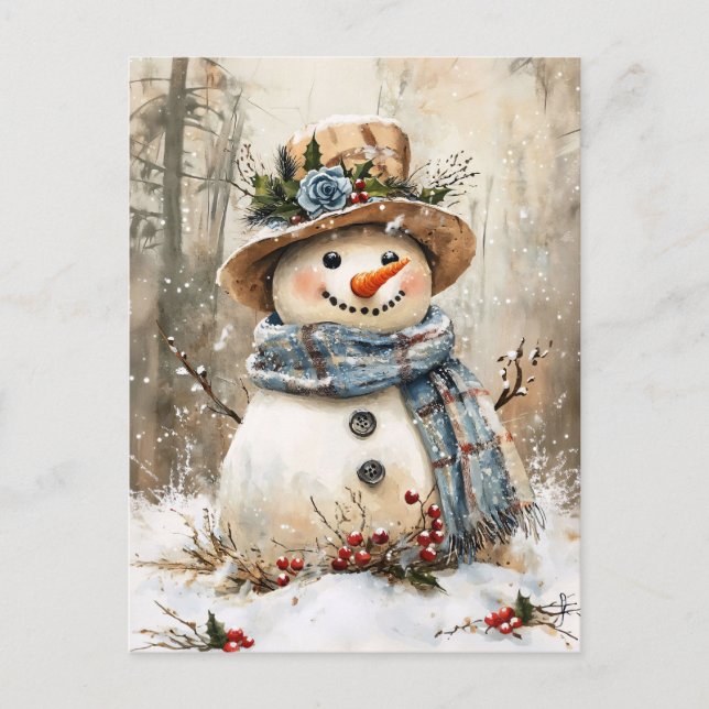 Postal Muñeco de nieve festivo en el bosque (Anverso)