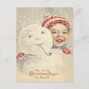 Postal Muñeco de nieve niño sonriente pipa sombrero de pu