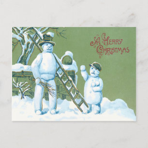 Postal Muñeco de nieve padre e hijo escalera de nieve bol