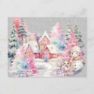 Postal Muñeco de nieve rosa lindo paisaje invernal mágico