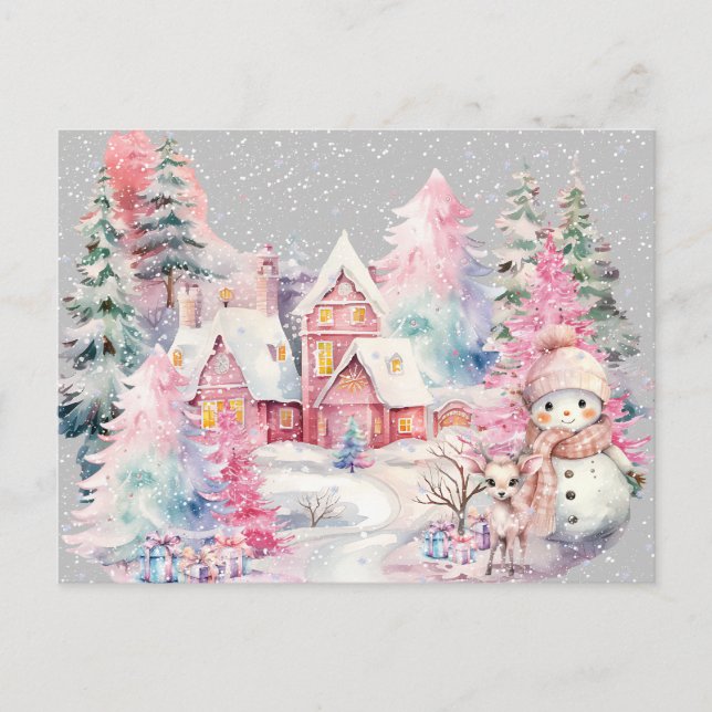 Postal Muñeco de nieve rosa lindo paisaje invernal mágico (Anverso)