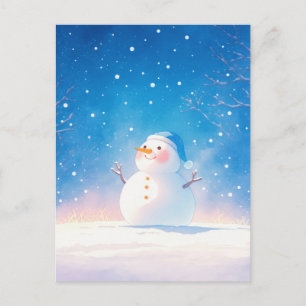 Postal Muñeco de Nieve Sonriente y Alegre en Noche de Inv