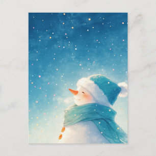 Postal Muñeco de Nieve Sonriente y Caprichoso Bajo el Cie