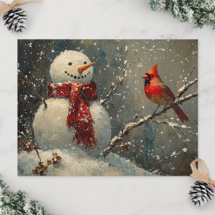Postal Muñeco de nieve y pintura al óleo de cardenal