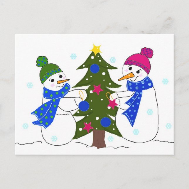Postal Muñecos de nieve lindos decorando un árbol (Anverso)