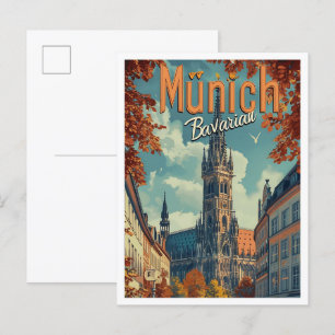 Postal Múnich Alemania Ilustracion de viajes de arte vint
