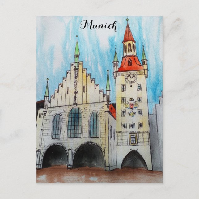 Postal Munich Alemania Old Town Hall Watercolor (Anverso)