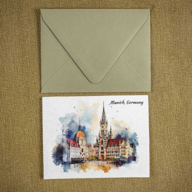 Postal Múnich Alemania Panorama Ver Pintura de acuarela (Munich Germany Panorama View Watercolor Painting Postcard)
